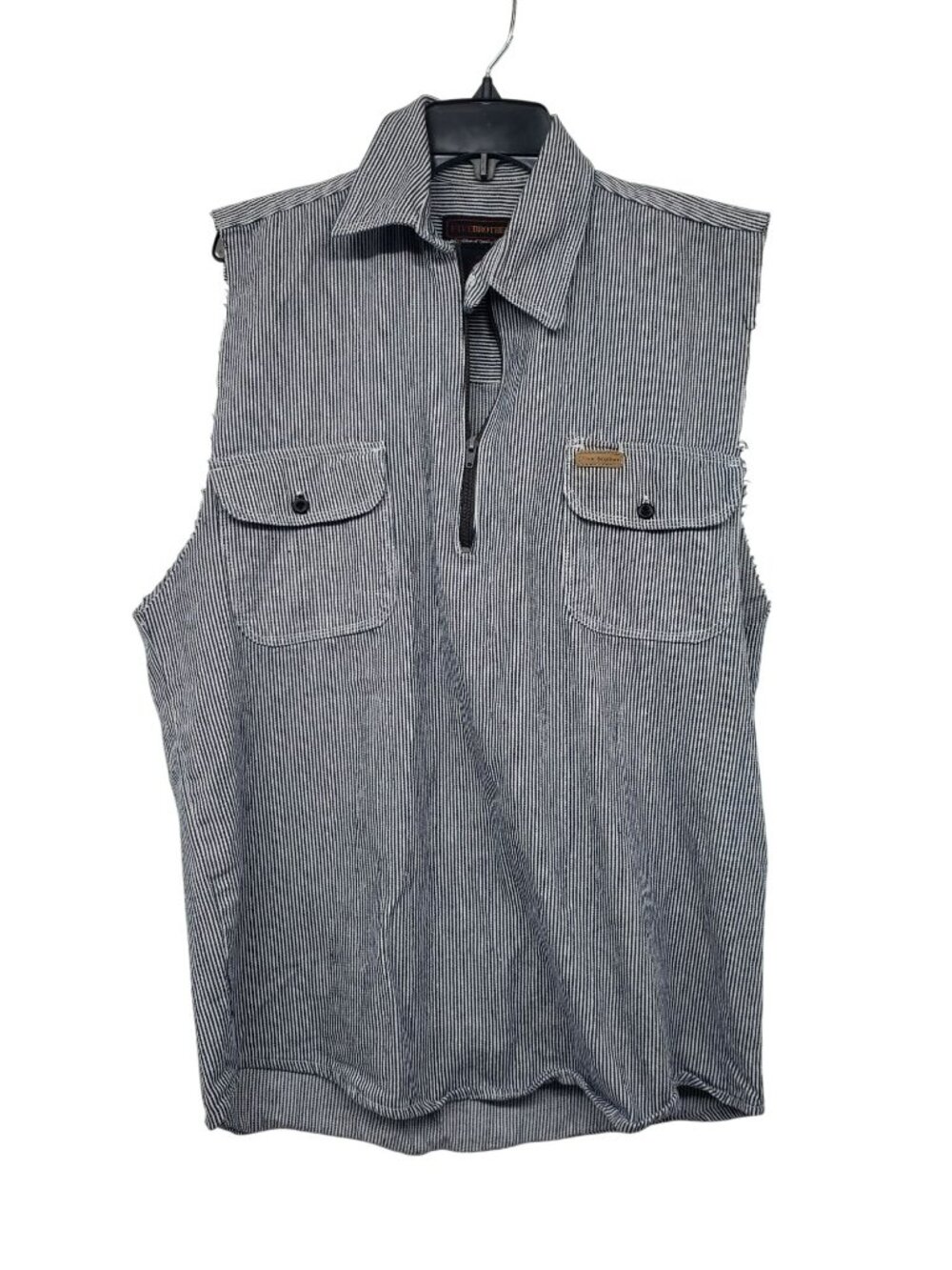 Five Brother XL Blue White Railroad Stripe Button Down Sleeveless Cutoff Shirt